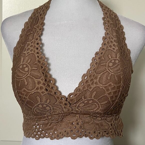 Aeropostale Tan Brown Lace Halter Neck Removable Padding Bralette Bra Medium - Picture 1 of 9